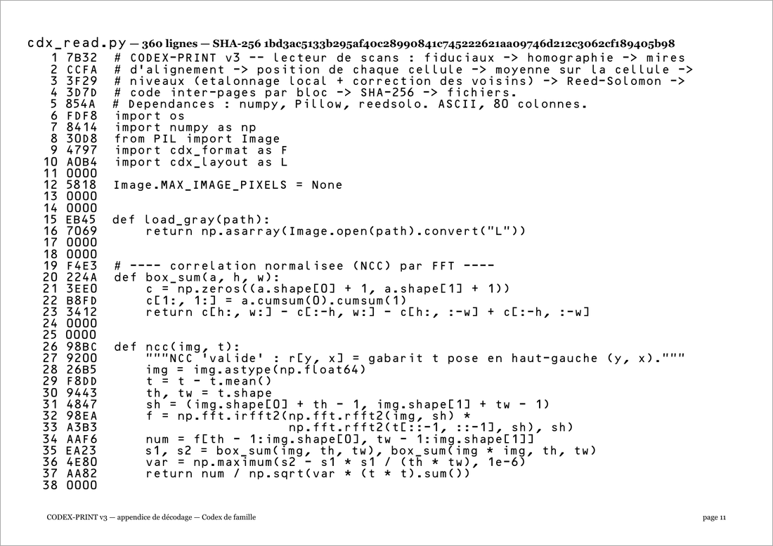 A page of the printed appendix: the start of the decoder file cdx_read.py, set in OCR-B, each line preceded by its number and a four-digit CRC-16