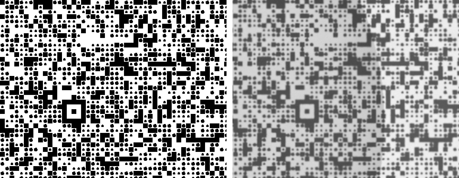 The same small region of a data page, left as encoded and right after the simulated print-and-scan channel, crossing the edge of a simulated coffee stain