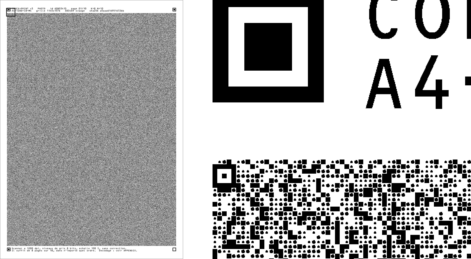 A full encoded A4 data page from the photo archive, next to a printer-resolution close-up of its top-left corner showing the corner fiducial, the start of the header band and the first grey-level cells with an alignment marker