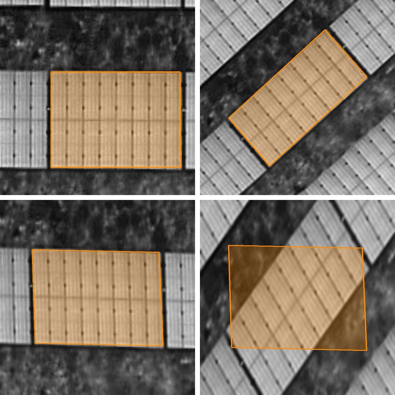 Four training tiles showing the same solar panel table with its label polygon in orange: plain, rotated, sheared, and rotated plus sheared; in the last one the polygon does not follow the panel